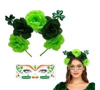 Gatwrmth St Patricks Day Headband & Face Tattoo Set - Green Shamrock Flower Hair Band - Soft Elastic Irish Fancy Dress Costume Accessories for Women - Ideal Irish Gifts