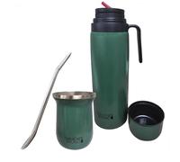 Gaucho Bruno - Stainless Steel Industrial Kit for Drinking Yerba Mate, Bombilla Straw and 1 Litre Easy to Clean | Comfortable to Hold | Warm for Longer, Crinkle Green