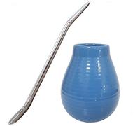 Gaucho Bruno Yerba Mate Ceramic Cup with Stainless Steel Bombilla Drinking Straw - Reusable, Slip-Proof Gripping and Easy Cleaning - for Home and Travel Use - 400ml - Sky Blue