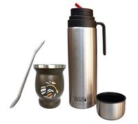 Gaucho Bruno Yerba Mate Kit - Stainless Steel Thermal Cup with 1 Litre Thermal Flask with Precision Pour Pico Cebador and Bombilla Straw | Complete Set for Yerba Mate Bird Design