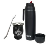 Gaucho Bruno Yerba Mate Kit - Stainless Steel Thermal Cup with 1 Litre Thermal Flask with Precision Pour Pico Cebador and Bombilla Straw | Complete Set for Yerba Mate Sun Design
