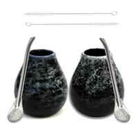Gaucho Cebar Yerba Mate Tea Calabash Set for Two ● Mate Tea Cups Marmol Blue and Dark 350 ml ● Ceramic Cup ● Stainless Steel Drinking Straw Bombilla 19 cm ● Cleaning Brush