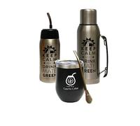 Gaucho Cebar Yerba Mate Tea Set Complete Accessories Thermos Flask 1L Silver and Yerbomos 680 ml Black, Stainless Steel Mate Tea Cup Termolid Cup 350 ml Steel Straw Bombilla 19 cm