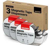 GAUDER Magnetic Tape Dispenser - Self-Adhesive Magnetic Strips for Lightweight Objects - Cuttable Magnet Tape Roll for Attaching Postcards & Photos to Metal Surfaces (3 PCS Each 6 m x 19 mm)