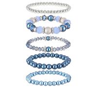 GAUEIOUR 5 Pcs Beaded Bracelets for Women Stackable Boho Style Elastic Crystal Bead Bracelet, Vacation Souvenir Jewelry Set, Women's Fashion Clothing Jewelry Birthday Gift