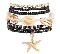 GAUEIOUR 7pcs Shell Bracelet for Women,Stackable Elastic Bracelets Shells and Seastars Set Beaded Surfer Jewelry Fashion Seaside Holidays(Black)