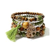 GAUEIOUR Boho Beaded Bracelet,Tree of Life Pendant Multi layered Wood Bead Tassel Bracelet, Elastic Travel Souvenir Jewelry Set, Bohemian Style Jewelry Gifts (Army Green, Set of 4)