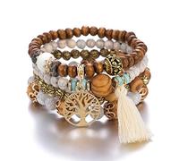 GAUEIOUR Boho Beaded Bracelet,Tree of Life Pendant Multilayer Wooden Beaded Bracelet, Stretch Elastic, Bracelet Set Stackable or Wearable Separately,Boho Ethnic Travel Bracelet(Pack Of 4), Brown