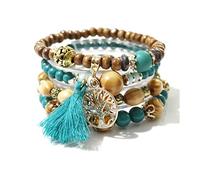 GAUEIOUR Boho Multi-Layer Wooden Beaded Bracelet Set, Tassel Tourism Souvenir Tree of Life Elastic Bracelet for Ladies (Peacock Blue Four-Piece Set)