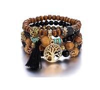 GAUEIOUR Boho, Multi-Layer Wooden Beaded Bracelet With Tassels - Tree of Life Design for Ladies, Elastic Four-Piece Set in Black