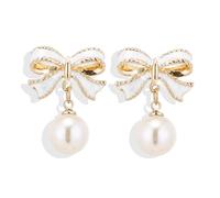 GAUEIOUR Bow Shaped Pearl Earrings,Fashionable and Versatile Luxurious, Exquisite Ear Clips,Sweet Cute Gentle Alloy Earrings (Pearlescent White)
