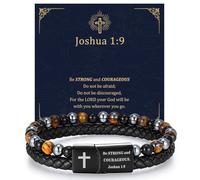 GAUEIOUR Christian Cross Bracelet for Men Stainless Steel Double Row Leather Braided Mens Bead Bracelets Religious Bilble Verses Faith Bracelet Baptism Easter Jewelry Gifts for Son Dad Husband