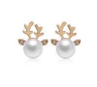 GAUEIOUR Christmas Elk Pearl Earrings,Christmas Pearl Deer Horn Alloy Earrings, Deer Head Creative Earring for Women, Holiday Jewelry, Xmas Jewelry Gifts (Gold)