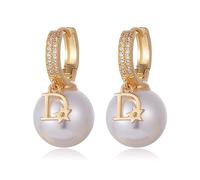 GAUEIOUR D Pearl Dangle Earrings,Pearl Shell Pearl Full Diamond Ear Buckle Earrings for Women, Hoop Earrings, Fashion Retro Style Copper Plated Letter D Earrings