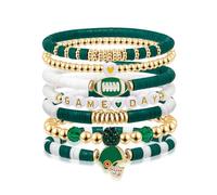 GAUEIOUR Game Day Bracelet Football Charm Beaded Stretch Bracelet,Sports Jewelry for Dads Moms Coaches Fans,Stackable Football Accessories Outfits Jewelry Gifts (Green)