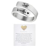 GAUEIOUR Just Breathe Anxiety Ring for Women Metal Carved Heart Healing Ring Adjustable Silver Inspirational Ring Wrap Open Ring