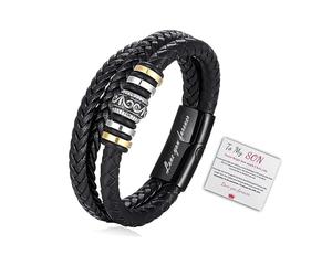GAUEIOUR Leather Bracelet for Son,Multi-Layer Braided Bracelet,To My Son Love You Forever Leather Bracelet,Men's Knitting Jewelry(Black + Card)