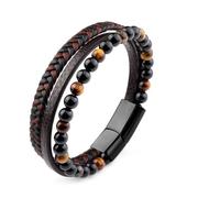 GAUEIOUR Mens Bracelet Leather Black Multi-Layer Stone Beads Steel Clasp Viking Rope Bands Surfer Man Wristband Tiger Eye Retro Braided Male UK Jewellery Gift for Boyfriend Dad Son Brother (21.5cm)