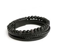 GAUEIOUR Mens Bracelet Leather Black Multi-Layer Stone Beads Steel Clasp Viking Rope Bands Surfer Man Wristband Obsidian Retro Braided Male US Jewellery Gift for Boyfriend Dad Son Brother (21cm)