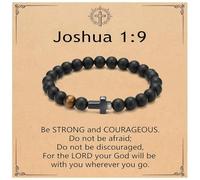 GAUEIOUR Men's Cross Bracelet with Elastic Rope,Natural Stone Beaded Bracelet with Stainless Steel Cross Black Agate & Tiger Eye,Baptism Easter Birthday Communion Religious Faith Fashion Jewelry