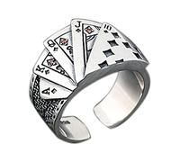 GAUEIOUR Poker Card Ring, Premium Alloy Playing Card Open Adjustable Design, Hip Hop Punk Gothic Style, Vintage Thread, Lucky Flush Set With Red Diamonds, Unisex