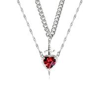 GAUEIOUR Silver Layered Double Heart Sword Pendant Necklace for Couples Friendship 2Pcs Alloy Vintage Chain Zirconia Woman Men Valentine's Day Jewelry Presents
