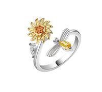 GAUEIOUR To My Daughter Sunflower Fidget Ring,Silver Swivel Anti Stress Anxiety Ring,Rhinestone Adjustable Open Jewelry Gift,Simple And Versatile Popular Anti-Stress Ring