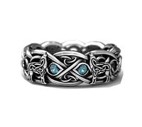 GAUEIOUR Vintage Celtic Wolf Topaz Cross Ring - Norwegian Viking Wolf Totem Talisman Alloy Punk Unisex Jewelry Gift (Silver, Size 7)