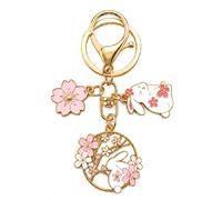 Gauelne Animal Keyring - Rabbit Keychain Bag Charms for Women with Red and White Cherry Blossoms, Bunny Key Rings Gifts for Flower Lovers, Girls, Friends and Sister