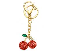 Gauelne Cherry Keyring - Rhinestone Keychain Bag Charms for Women with Shimmering Green Leaf Pendant, Fruit Key Rings Charm Gifts for Nature Lovers, Women, Friends, Sisters, Family