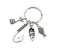 Gauelne Fishing Keyring - Fish Keychain Bag Charms for Men with Pipe, Fish Hook, Wooden Boat Charms, Fisherman Key Rings Gifts for Outdoor Lovers, Boys, Father and Sons