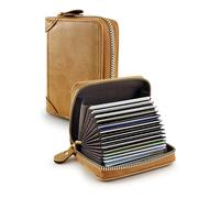 GAUENEEN Leather Business Card Holder, RFID Blocking 20 Slots Zipper Credit Card Organizer, Khaki