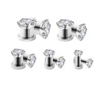 Gauge Expander, 10PCS Stainless Steel Gauge Earrings 8g-1/2 inch 5 Pair Single Flared Shiny 4 Claw Round Cubic Zirconia Screw Fit Ear Gauges Tunnels Plugs 3mm,5mm,8mm,10mm,11mm Silver