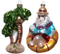 GAUMAANLEI Set of 2 Blown Glass Summer Beach Santa Relaxing on Float Ornaments for Christmas Tree and Glass Tropical Coconut Tree Ornament