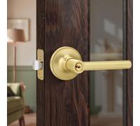 Gaurqiah Brushed Gold Keyed Entry Door Handle, Round Design Door Lever with Keys, Reversible Door Lever for Entrance Front Bedroom, Satin Brass