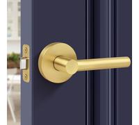 Gaurqiah Brushed Gold Keyless Passage Door Lever, Heavy Duty Gold Interior Door Handle, Round Non-Locking Door Lock for Hallway or Closet, Reversible for Right & Left Sided Doors -Satin Brass Finish
