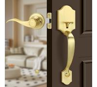 Gaurqiah Gold Front Door Handle Set with Passage Lever,Deadbolt Not Included,Exterior Door Handleset for Single Cylinder or Smart Deadbolts, Satin Brass