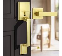 Gaurqiah Gold Front Door Handle Set with Passage Lever, Deadbolt Not Included, Exterior Lower Half Grip Trim, Works with Single Cylinder or Smart Deadbolts, Satin Brass