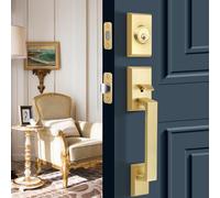 Gaurqiah Handle Set, Heavy Duty, Front Door Entry Handle and Deadbolt Lock Set, Exterior Door Lock Set with Latch, Single Cylinder Handle Set, Reversible for Right and Left Side, Satin Brass