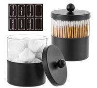 Gaussra Black Apothecary Jars, Black Qtip Holder - Stainless Steel Bathroom Jar with Stickers - Farmhouse Decor Qtip Dispenser for Qtips, Cotton Balls, Swabs, Makeup Sponges (2-Pack)
