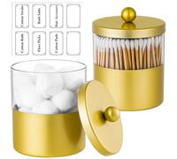 Gaussra Gold Qtip Holder, Apothecary Jars - Stainless Steel Bathroom Jar with Stickers - Farmhouse Decor Qtip Dispenser for Qtips, Cotton Balls, Swabs, Makeup Sponges (2-Pack)