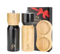 Gautsa Two-tone Manual Rubberwood Salt & Pepper Mills Set with Tray, 6 Inch | Adjustable Coarseness, Ceramic Grinding Mechanism, Set of 2 Grinders, Wood Stand, Refillable, Modern Black and Natural Color