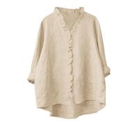 Gauze Button Down Shirt for Women Fashin Ruffled Trim Blouses 3/4 Sleeve Cotton Linen Shirts Roll Up Casual Lightweight V Neck Tunic Open Front Three Quarter Sleeved Baggy Blouse Beige