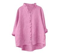 Gauze Button Down Shirt for Women Fashin Ruffled Trim Blouses 3/4 Sleeve Cotton Linen Shirts Roll Up Casual Lightweight V Neck Tunic Open Front Three Quarter Sleeved Baggy Blouse Pink