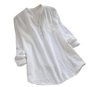 Gauze Linen Shirt Women UK Plus Size, Ladies Cotton Linen T-Shirts Elegant Long Sleeve Button Henley V Neck Casual Lagenlook Longline Summer Blouses Boho Plain Tee Shirt Long Tunic Tops White