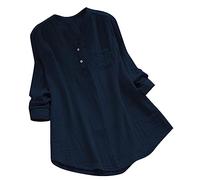 Gauze Linen Shirt Women UK Plus Size, Ladies Cotton Linen T-Shirts Elegant Long Sleeve Button Henley V Neck Casual Lagenlook Longline Summer Blouses Boho Plain Tee Shirt Long Tunic Tops Navy