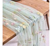 Gauze Table Runner 75W x 180L cm Tulle Sheer Wildflower Floral Embroidered Tablecloth for Wedding Birthday Tea Party Baby Shower Decorations Spring Easter Decor (1, Green, 75W x 180L cm)