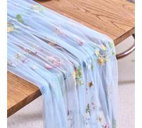 Gauze Table Runner 75W x 180L cm Tulle Sheer Wildflower Floral Embroidered Tablecloth for Wedding Birthday Tea Party Baby Shower Decorations Spring Easter Decor (1, Blue, 75W x 180L cm)