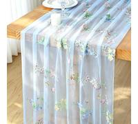 Gauze Table Runner Blue 75x300 cm Embroidery Flowers Table Runners Sheer Cheesecloth Tablecloth Floral Chiffon Wedding Table Decoration Tulle Table Cover Dining Kitchen Party Birthday Decor