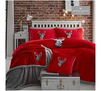 Gaveno Cavailia Teddy Fleece Stag Head Duvet Set King Red/Charcoal, Super Soft Fluffy Warm Cosy Bedding, 3 Piece Bedset, Easy Care DuvetCover Bedlinen, 1 Quilt Cover and 2 Pillow Cases